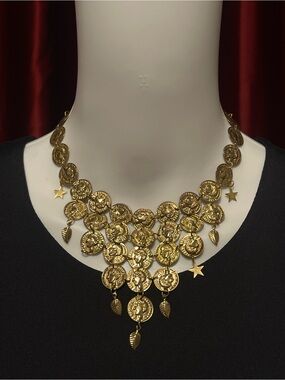 Vintage Gold Coin Statement Necklace with Star & Leaf Charms